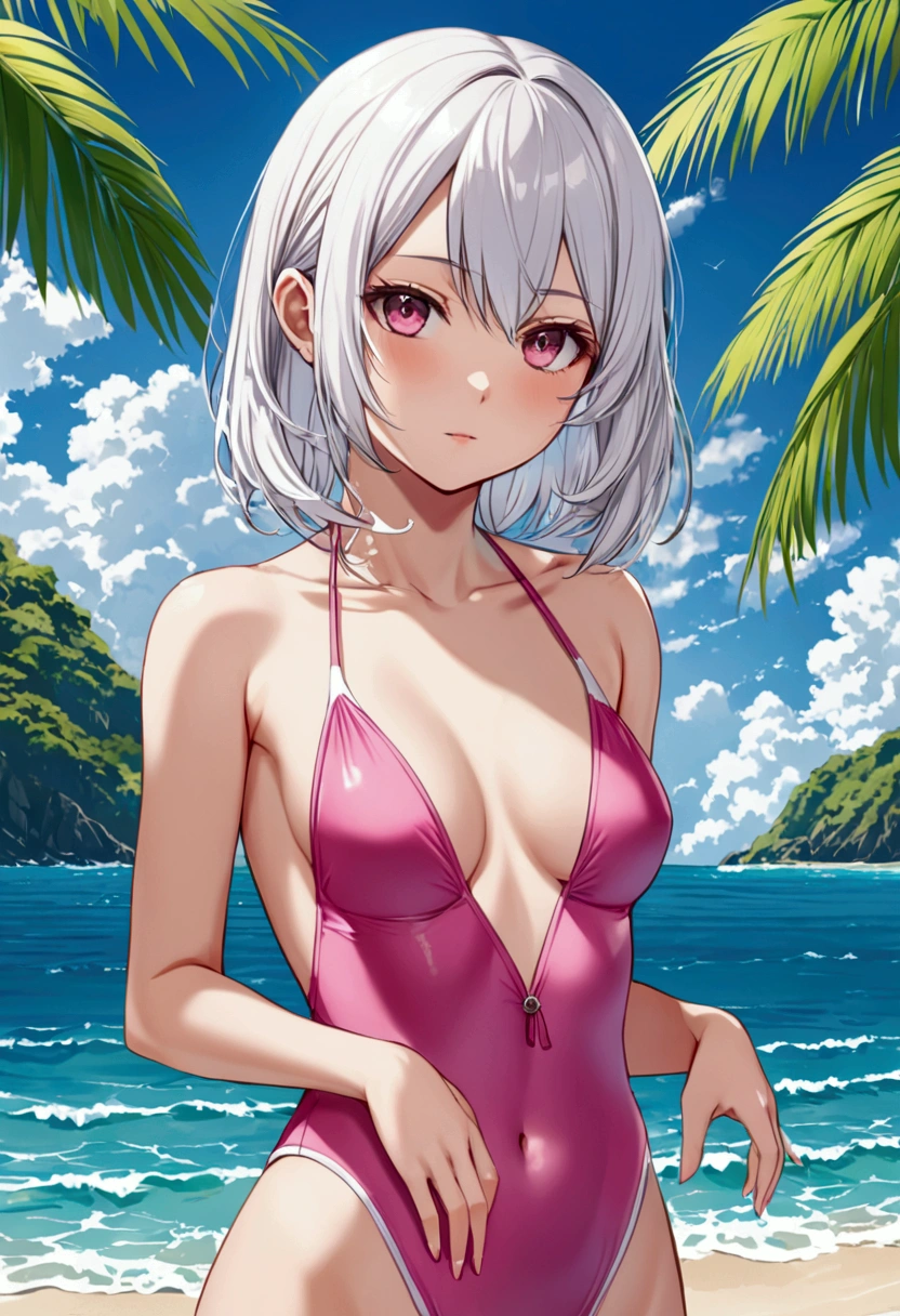 A girl with white hair, pink eyes, a little big breasts while wearing a swimsuit