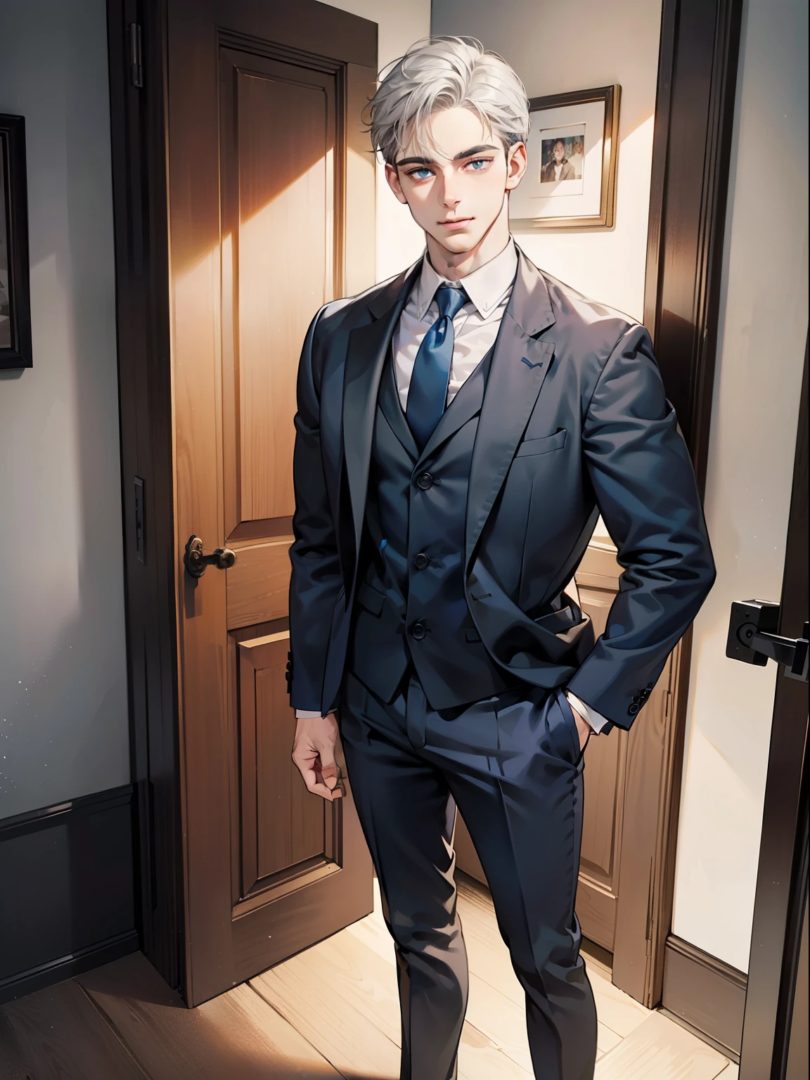 masterpiece, best quality, realistic, 1man, mature male, quiet and charming young man, 41 year old, serious look, closed mouth, portrait, extremely detailed face, cold smile, ((dark grey blue eyes)), ((short-right-swept dark white hair)), [thick eyebrows], ((suit)), handsome, full body, western, Jewish, light brown skin,