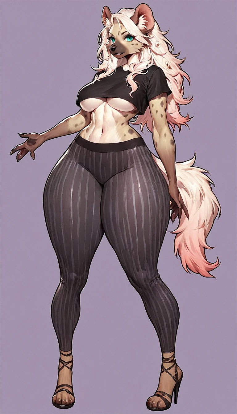 score_9, score_8_up, score_7_up, score_6_up, score_5_up, score_4_up, (solo), female anthro hyena, black shirt underboob, vertical striped yoga pants, lusty, fluffy body, long blond hair, turquoise eyes, (thick thighs:1.5)  she is standing , violet background, simple background, high heels 