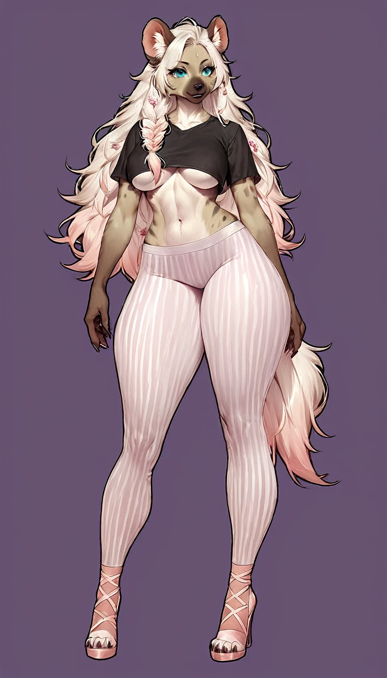 score_9, score_8_up, score_7_up, score_6_up, score_5_up, score_4_up, (solo), female anthro hyena, black shirt underboob, vertical striped yoga pants, lusty, fluffy body, long blond hair, turquoise eyes, (thick thighs:1.5)  she is standing , violet background, simple background, high heels 