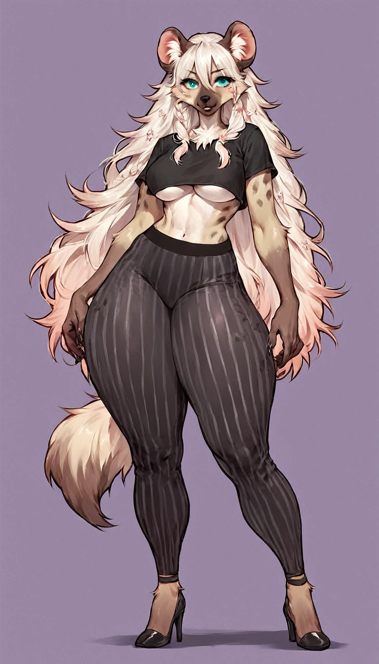 score_9, score_8_up, score_7_up, score_6_up, score_5_up, score_4_up, (solo), female anthro hyena, black shirt underboob, vertical striped yoga pants, lusty, fluffy body, long blond hair, turquoise eyes, (thick thighs:1.5) she is standing , violet background, simple background, high heels