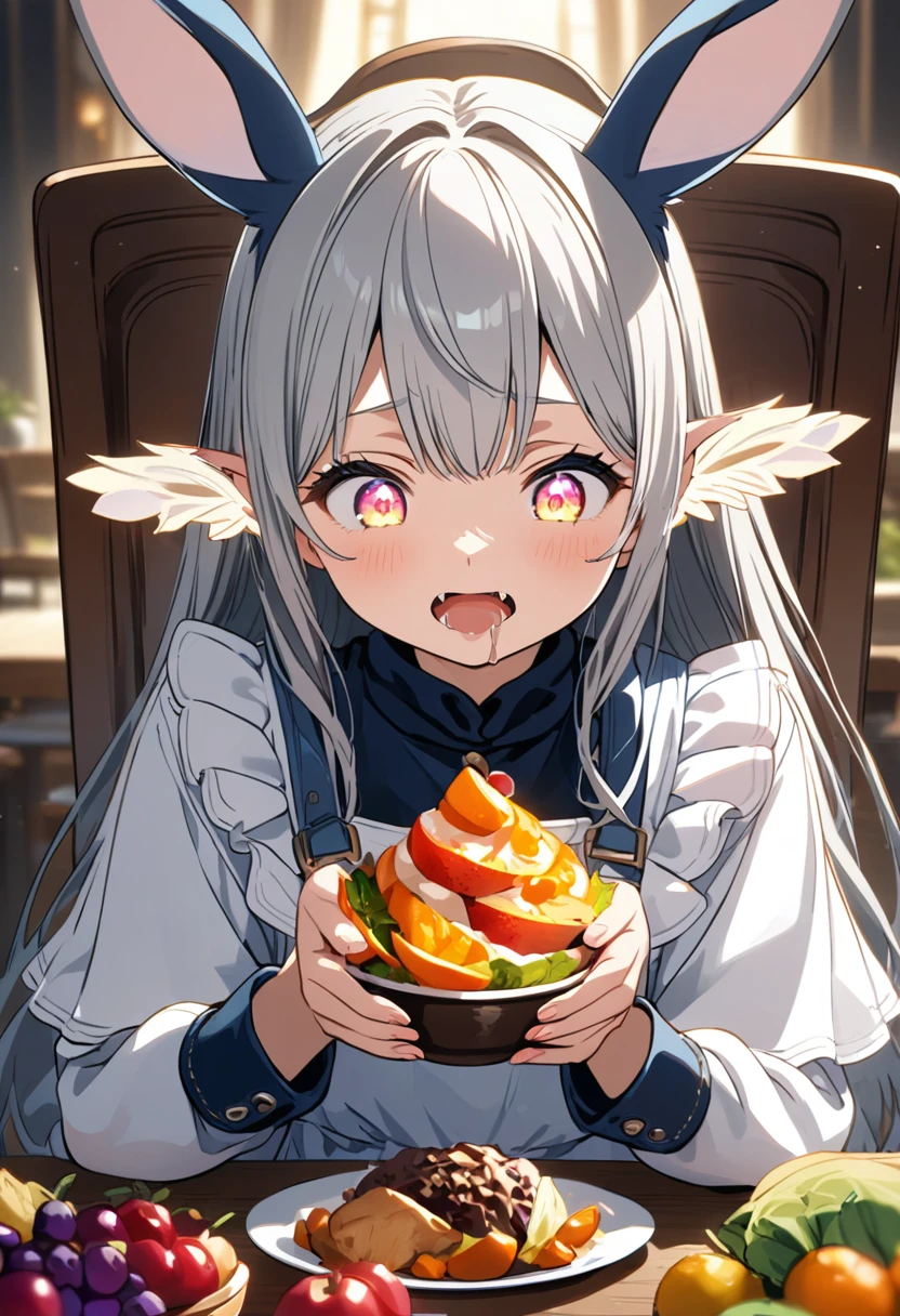 (8k, masterpiece, Highest quality, Very detailed, Very delicate and beautiful, Official Style, Depth of written boundary, Very detailed, so beautiful, Complex, Overall Details, Perfect Anatomy), See the food, Looking down, Upper Body, sit, eat, table, Chair, fruit on table, Fruit bowl, vegetables, Break 1 Girl, alone, Gray Hair, Long Hair, Iris, (Shining Eyes, + +:1.2), Bunny Girl, (Dropped ears:1.2), (White Dress, Frills, Long sleeve:1.2), Faint lips, Happy, Open your mouth, Fangs of the skin, Drooling