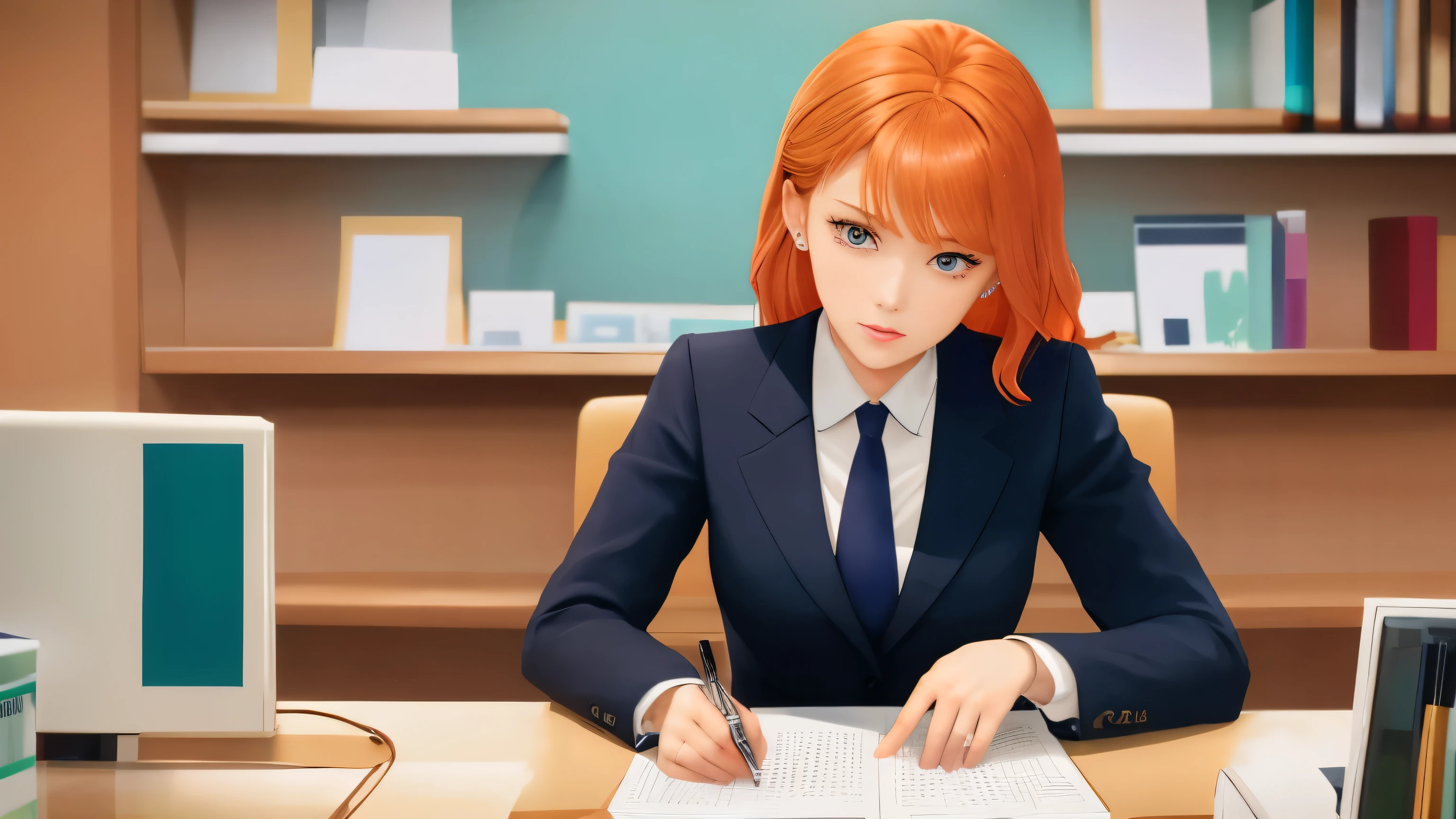 /draw orange hair woman green eyes sitting at desk talking on telephone with computer monitor, 1 9 8 0 s vaporwave business fashion, business woman, 1 9 8 0 s woman, woman in business suit, young business woman, denis velleneuve, female in office dress, sat at her desk, female lawyer, wearing a strict business suit, serious business, working hard, portrait of kim wexler