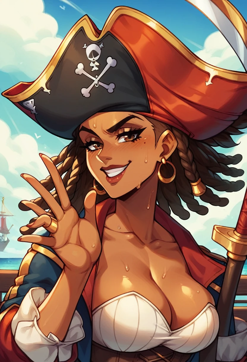 (masterpiece), best quality, expressive eyes, perfect face, perfect eyes, perfect hair, perfect body, perfect hands, perfect fingers, high detail, best detail, pirate, cavalier pirate hat, pirate leathers, sheathed sword, cocky smile, confident, dominant, powerful, pirate raid, raiding ship, fighting, background chaos, dark skin, beautiful brown skin, beautiful dreadlocks, Adult Female, sweat, toned body, alone, brown hair, brown eyes, 