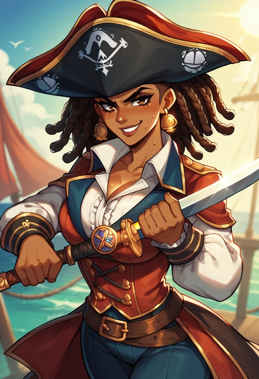 (masterpiece), best quality, expressive eyes, perfect face, perfect eyes, perfect hair, perfect body, perfect hands, perfect fingers, high detail, best detail, pirate, cavalier pirate hat, pirate leathers, sheathed sword, cocky smile, confident, dominant, powerful, pirate raid, raiding ship, fighting, background chaos, dark skin, beautiful brown skin, beautiful dreadlocks, Adult Female, sweat, toned body, alone, brown hair, brown eyes, 