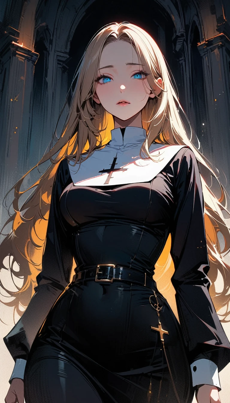 (high quality, 8k, 4K, high contrast, artwork:1.2, high quality, best aesthetics), (centered), ((1 woman)), erotic, sensual, mature body, super detailed, beautiful face detailed, beautiful eyes detailed, detailed beautiful mouth, perfect breats, (blonde, long, straight hair), (blue eyes), (shy calm expression), (religious habit), (nun's clothes), (female nun), (standing), (looking at viewer), (piercing gaze), (church), (front view)
