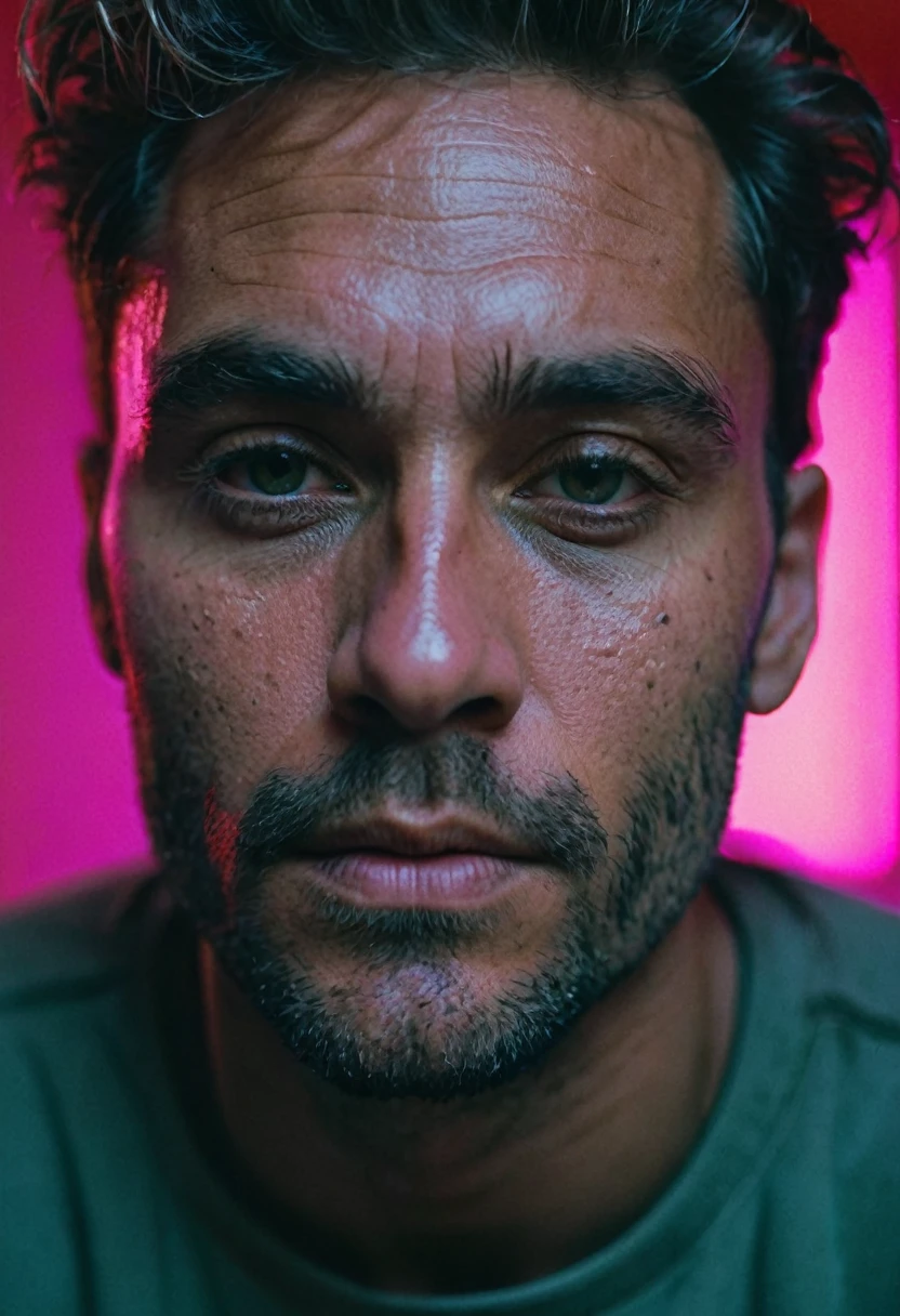 macro crisp quality, close up portraint, brutal man, neon room, rough skin, look at a camera, age 30, cinematic, dimmed colors, dark shot, muted colors, film grainy, lut