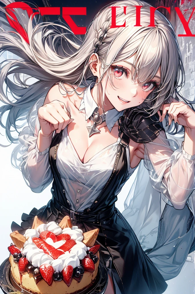 (small breasts:1.2), (perky chest:1.2), (pointed chest:1.2), (Pudding cake magazine cover:1.3),(from above:1.0),(shoot from the side:1.1),masterpiece, 1girl, Amazing Cleavage:1.1, thin waist, optimum,tmasterpiece,hight resolution,best qualtiy,hyper HD,super detailing,awardwinning,a 18yo cute girl,(The upper part of the body),anatomy correct,Beautiful Black miniskirt,garters,Gaze,Small face,bangss,holster,Beautuful Women,hands up,leg holster,Gaze,black boots,Cowboy Shot,cute face,a blond,Longhaire,Twin-tailed,Braids, Hairline,(scarlet eyes),long eyelasher,Hanging eye corners,White skin of the, ((see through camisole:1.1)), ((Sheer nipples:1.0)),Rocket Tits,(Slim body),smile,seductive weak smiling,(with sparkling eyes and a contagious smile),little open mouth, Looking at Viewer,