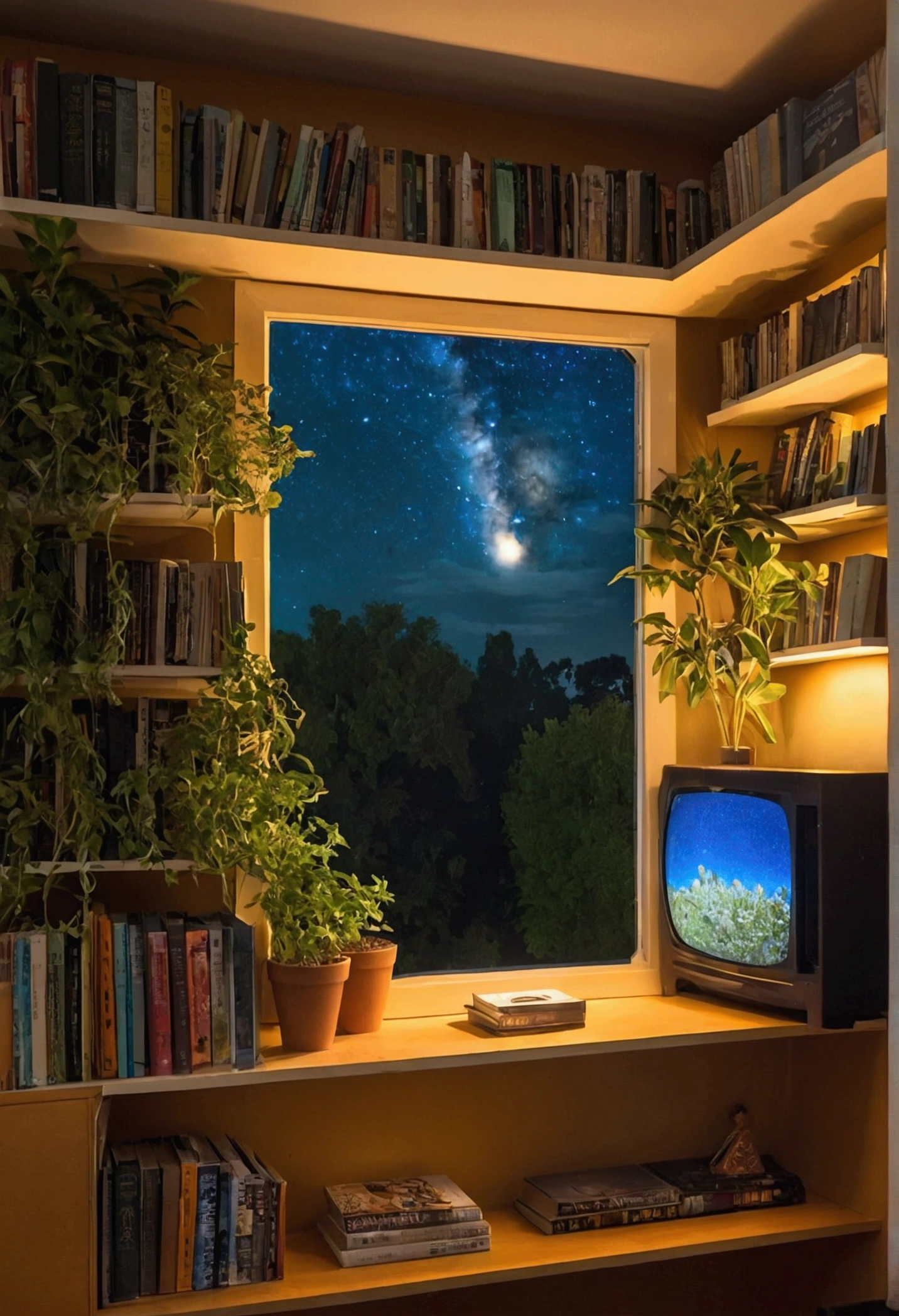 chambre avec des livres des plantes une tv allumeé et la lumiere qui eclaire la chambre de nuit peu d'eclairage grade porte vitrée avec vu sur le jardin de nuit ciel etoilée