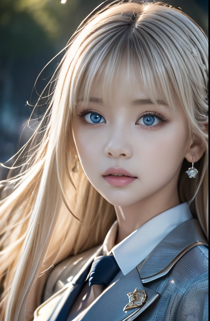 masterpiece、Ultra high definition、(Dynamic Angle:1.3)、Extreme close up、the wind is strong、映画ofハイライト、1人of女of子,Upper Body:0.6、dancing、Staring at the audience、alone、柔らかな肌of質感、Soft lips、jewelry、blank eyes、brooch、silky platinum blonde hair,( vevry long hair:1.2),floating hairlong_sleeve,ribbon、blue eyes,Clear Eyes、Jacket,skirt, gem, hair_ribbon、null,depth_of_Field, a close view of flying petal,
