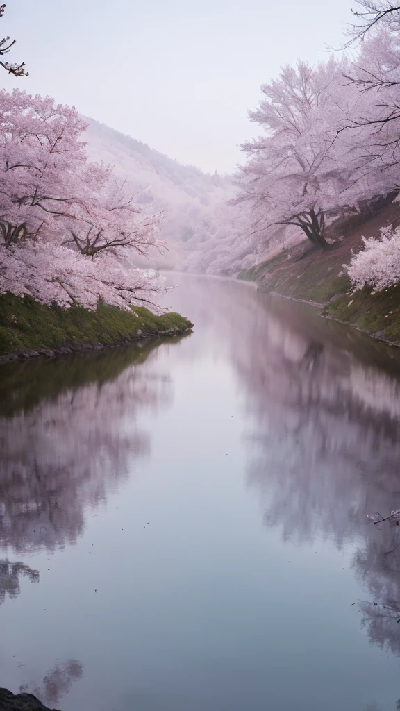 masterpiece of materpieces, PHOTOREALITIC, DENSE MIST. Smokey skies cast eerie light in the Anthropocene on a lake surrounded by cherry blossom trees, rocks on lake, snow falling, pink rose mini flowers covered in snow in enchanted forest, heavy mist and fog over the lake, fairy tale vibes, petals floating, dreamy looking, Sun burning like fire. Stars on the sky. Field filled with white flowers. PHOTOREALISTIC and cinematic. Nikon Z9