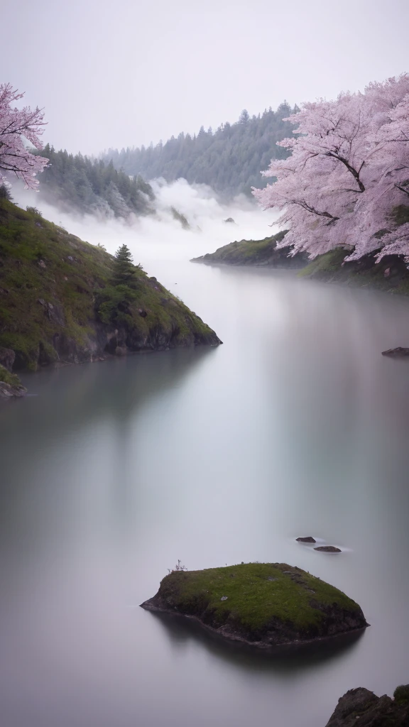 masterpiece of materpieces, PHOTOREALITIC, DENSE MIST. Smokey skies cast eerie light in the Anthropocene on a lake surrounded by cherry blossom trees, rocks on lake, snow falling, pink rose mini flowers covered in snow in enchanted forest, heavy mist and fog over the lake, fairy tale vibes, petals floating, dreamy looking, Sun burning like fire. Stars on the sky. Field filled with white flowers. PHOTOREALISTIC and cinematic. Nikon Z9