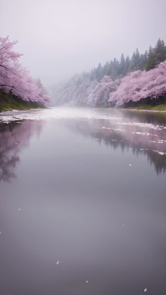 masterpiece of materpieces, PHOTOREALITIC, DENSE MIST. Smokey skies cast eerie light in the Anthropocene on a lake surrounded by cherry blossom trees, rocks on lake, snow falling, pink rose mini flowers covered in snow in enchanted forest, heavy mist and fog over the lake, fairy tale vibes, petals floating, dreamy looking, Sun burning like fire. Stars on the sky. Field filled with white flowers. PHOTOREALISTIC and cinematic. Nikon Z9
