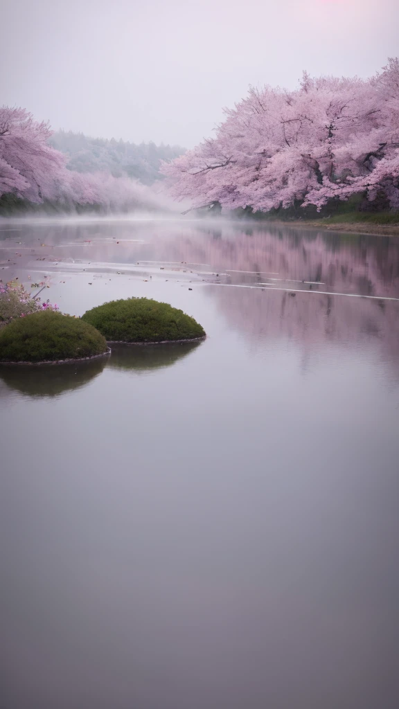 masterpiece of materpieces, PHOTOREALITIC, DENSE MIST. Smokey skies cast eerie light in the Anthropocene on a lake surrounded by cherry blossom trees, rocks on lake, snow falling, pink rose mini flowers covered in snow in enchanted forest, heavy mist and fog over the lake, fairy tale vibes, petals floating, dreamy looking, Sun burning like fire. Stars on the sky. Field filled with white flowers. PHOTOREALISTIC and cinematic. Nikon Z9