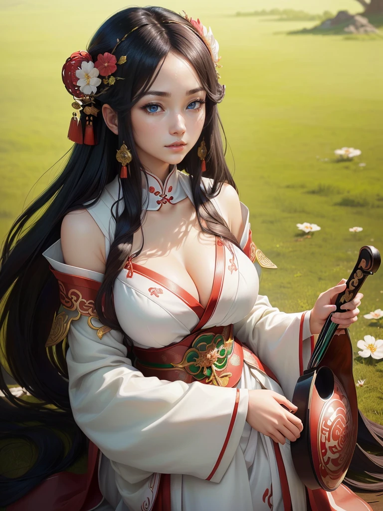 A woman in a white dress holding red and green syamisen, Beautiful character drawings, Japanese Goddess, Beautiful and attractive anime woman, Gweiz-style artwork, Beautiful Anime Woman, Beautiful Fantasy Empress, Inspired by Wu Zuoren, Inspired by Sukenori Nishikawa, Inspired by Du Qiong, Ancient Chinese Beauties, Highly detailed CG unit 8k wallpaper, masterpiece, High resolution, highest quality, highest quality real texture skin, Super Real, Digital Painting, Best image quality, 最High resolution, 8k, ((Highly detailed eyes and face, Beautiful eyes every detail)),