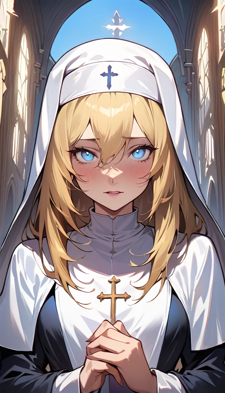(high quality, 8k, 4K, high contrast, artwork:1.2, high quality, best aesthetics), (centered), ((1 woman)), erotic, sensual, mature body, super detailed, beautiful face detailed, beautiful eyes detailed, detailed beautiful mouth, perfect breats, (blonde, long, straight hair), (blue eyes), (shy calm expression), (religious habit), (nun's clothes), (female nun), (standing), (looking at viewer), (piercing gaze), (church), (front view)