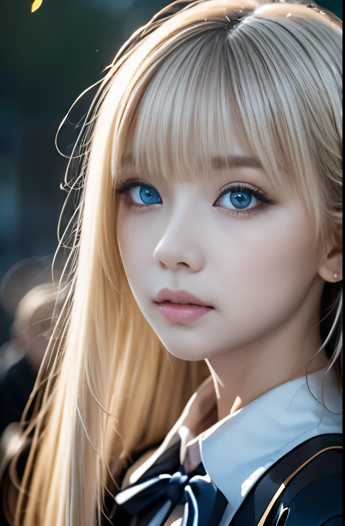 masterpiece、Ultra high definition、(Dynamic Angle:1.3)、Extreme close up、the wind is strong、映画ofハイライト、1人of女of子,Upper Body:0.6、dancing、Staring at the audience、alone、柔らかな肌of質感、Soft lips、jewelry、blank eyes、brooch、silky platinum blonde hair,( vevry long hair:1.2),floating hairlong_sleeve,ribbon、blue eyes,Clear Eyes、Jacket,skirt, gem, hair_ribbon、null,depth_of_Field, a close view of flying petal,
