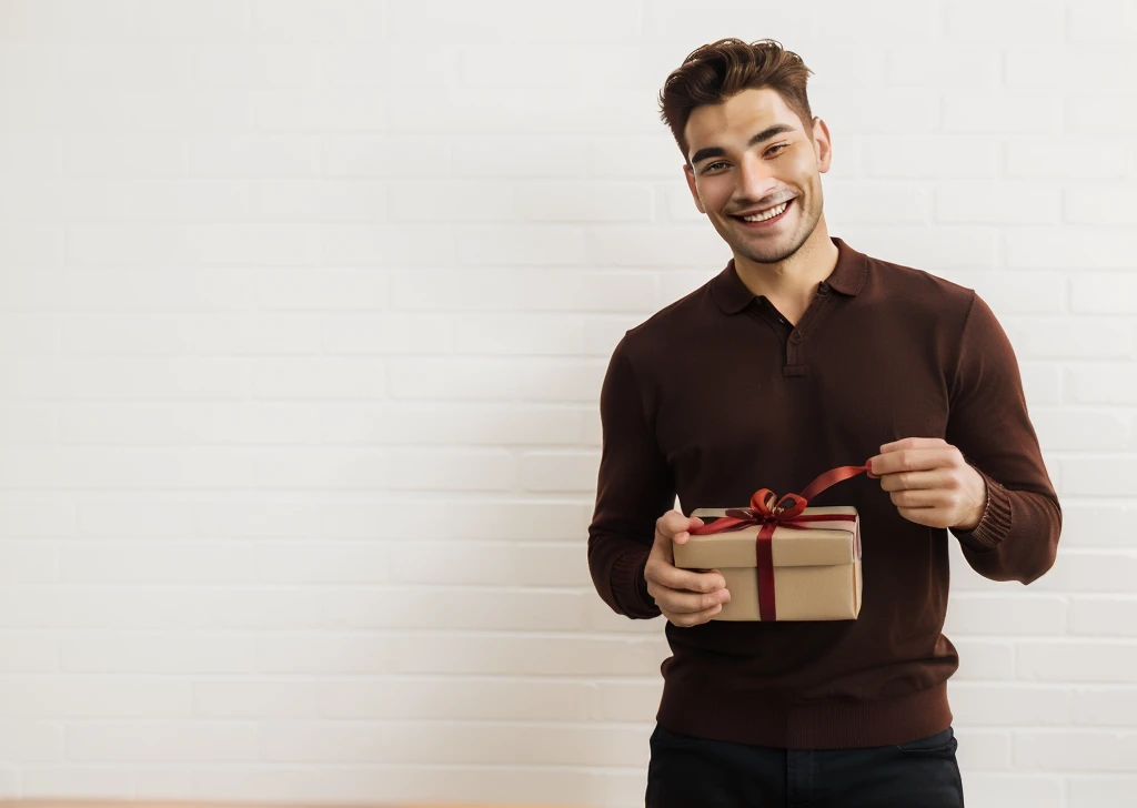 smiling man holding a brown box with a red ribbon and a bow, holding a gift, giving Gifts to people, Spare photo, Gifts, man aged 30, Handsome, Attractive man, shutterstock, portrait photography, young man with short sleeves, Photo of a man, smiling man, Man finds happiness, a Photo of a man, looking happy