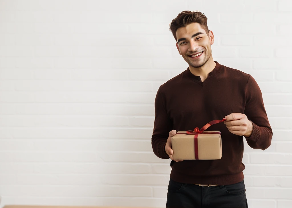 smiling man holding a brown box with a red ribbon and a bow, holding a gift, giving Gifts to people, Spare photo, Gifts, man aged 30, Handsome, Attractive man, shutterstock, portrait photography, young man with short sleeves, Photo of a man, smiling man, Man finds happiness, a Photo of a man, looking happy