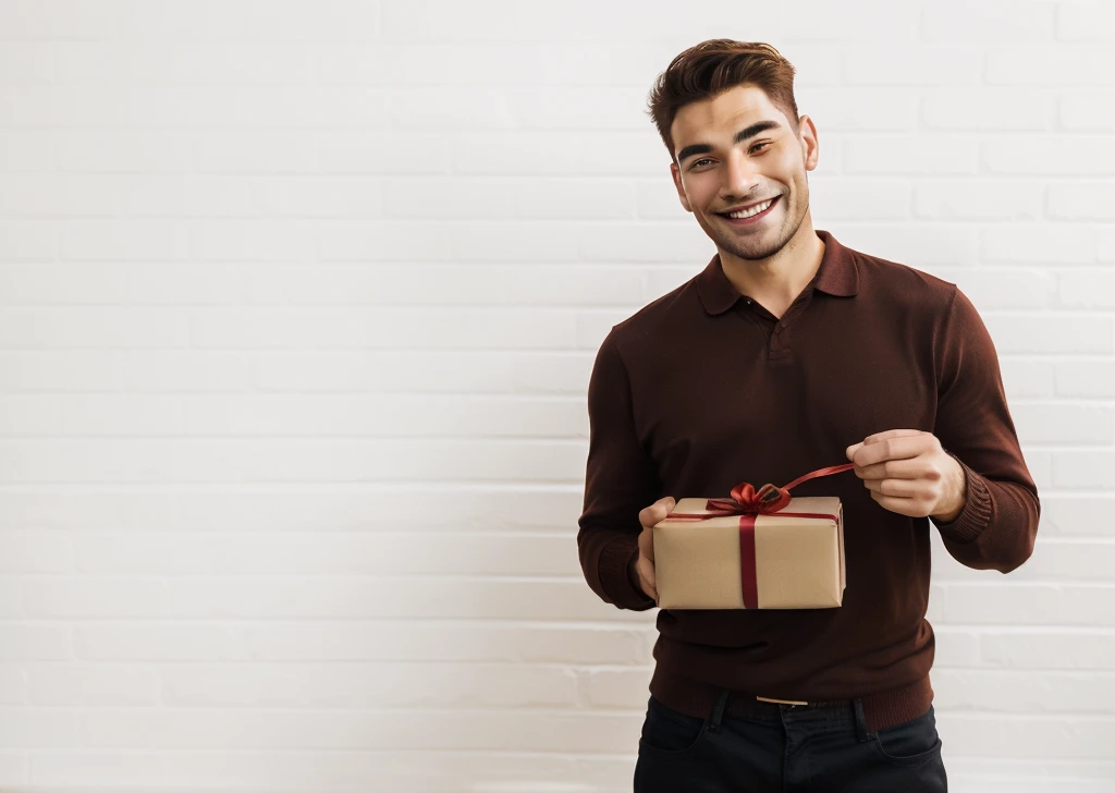smiling man holding a brown box with a red ribbon and a bow, holding a gift, giving Gifts to people, Spare photo, Gifts, man aged 30, Handsome, Attractive man, shutterstock, portrait photography, young man with short sleeves, Photo of a man, smiling man, Man finds happiness, a Photo of a man, looking happy