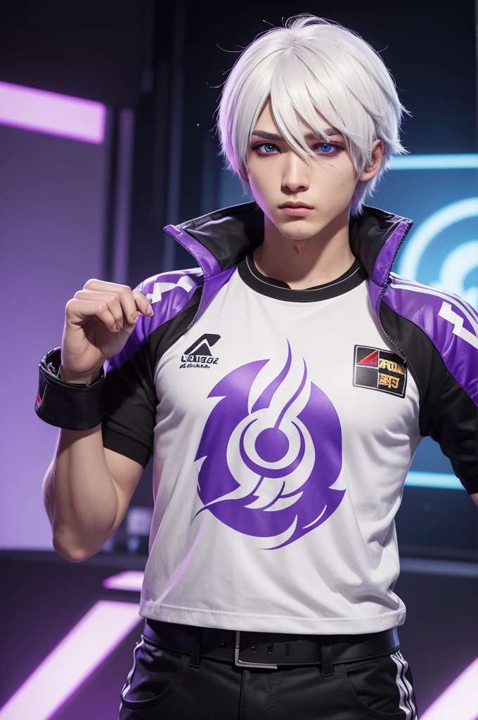 Free fire gamer male character white hair eye with purple eyeshadow free fire world championship shirt and behind the Champion champion shirt 