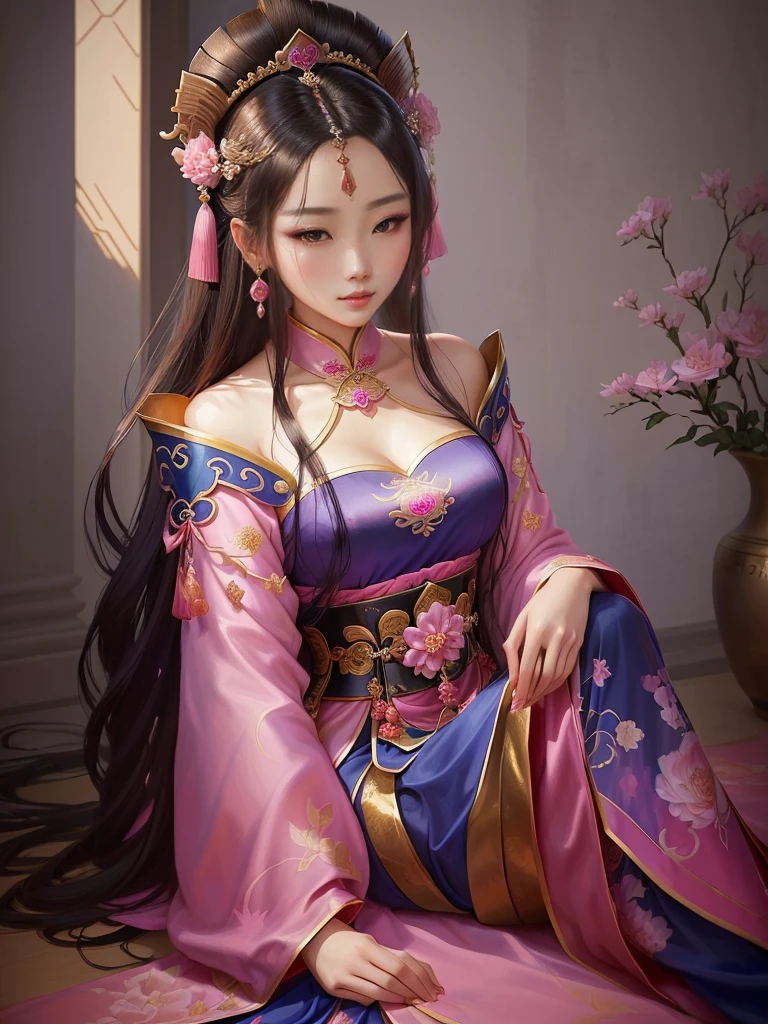 a painting of a woman in a pink and blue dress, a beautiful fantasy empress, ancient chinese princess, beautiful character painting, chinese princess, palace , a girl in hanfu, ancient asian dynasty princess, ancient chinese beauties, inspired by Lan Ying, beautiful alluring anime woman, ((a beautiful fantasy empress)), beautiful render of tang dynasty, beautiful oriental woman, chinese empress