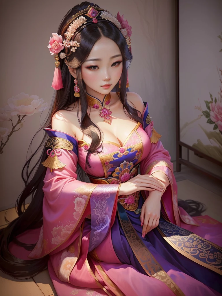 a painting of a woman in a pink and blue dress, a beautiful fantasy empress, ancient chinese princess, beautiful character painting, chinese princess, palace ， a girl in hanfu, ancient asian dynasty princess, ancient chinese beauties, inspired by Lan Ying, beautiful alluring anime woman, ((a beautiful fantasy empress)), beautiful render of tang dynasty, beautiful oriental woman, chinese empress