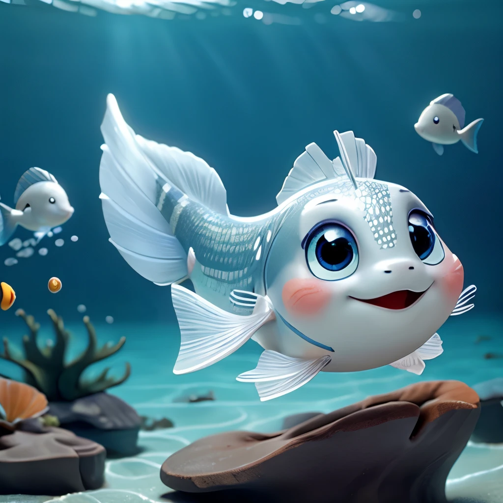 Cute male silver fish in the ocean、swim、Fairytale Style、Expressive