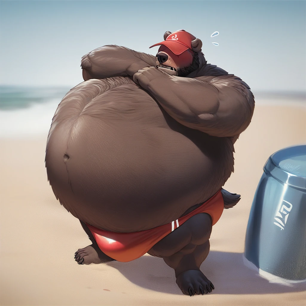 score_9, score_8_up, score_7_up, score_6_up, score_5_up, score_4_up, desolate, detailed background, beach, anthro bear, male, brown fur color, beard, red cap covering eyes, shirtless, red speedo, embarrassed, inflating, hyper belly