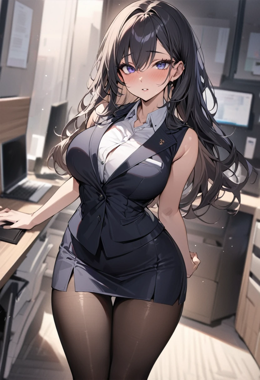 (((masterpiece))),(((High resolution)))、Beautiful office lady, No sleeve, tights, skirt, Looking at the camera, ((Top quality eyes)), Detailed face, ((Detailed Texture)), Looking at the camera, medium curvy, hentai 

