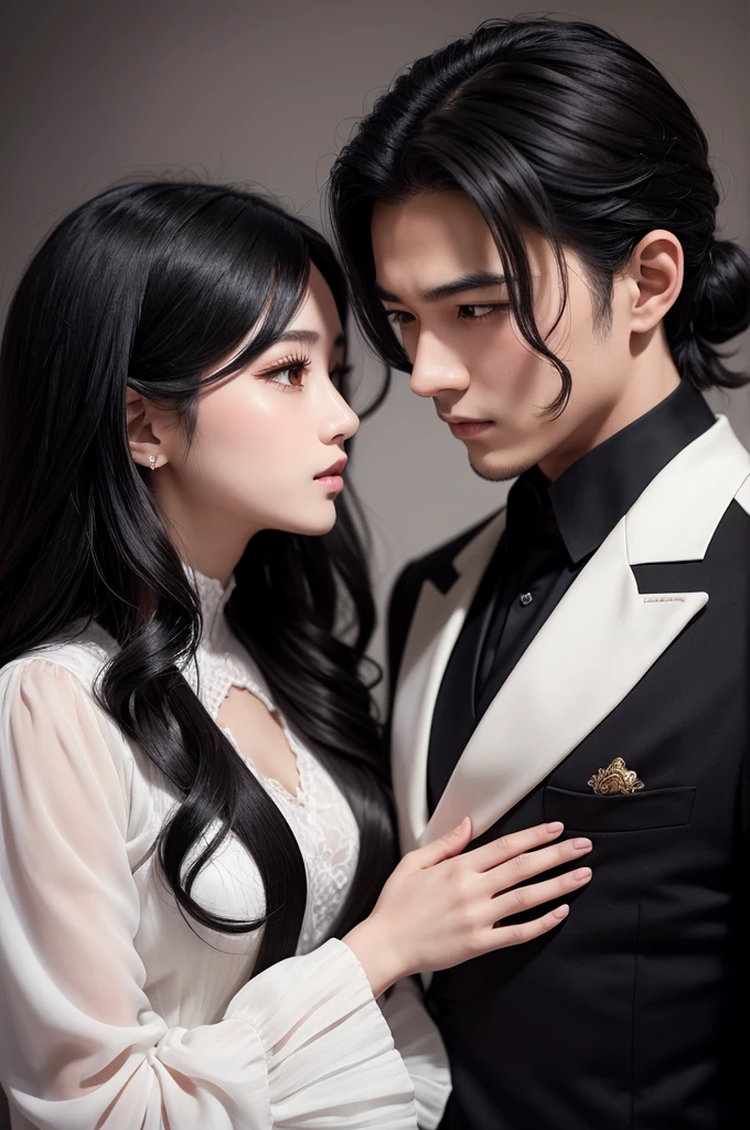 couple in love. Girl with wavy black hair and black eyes, of medium height. white boy, Cao Cao, black hair dark brown eyes. They are both wearing fancy clothes