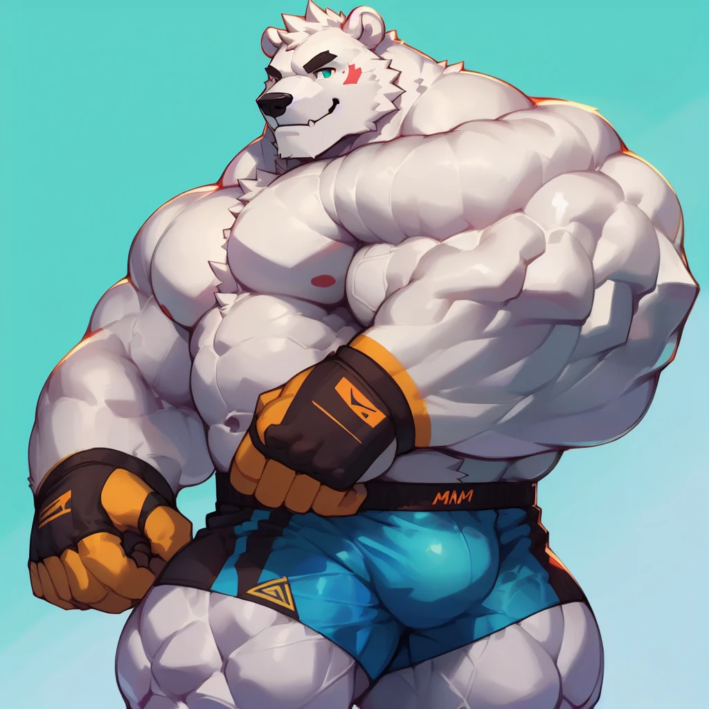 a polar bear with a huge thick muscle, furry ((white white polar bear)) wearing blue colored MMA boxer shorts and MMA fingerless gloves, Gym ring, ((huge muscular:1.2, wide pectoral, thick arms, sixpack)), smile, thicc, lowres, giant and muscular, danbooru and artstation, heavy detailed, insanely inflated hips, proportionally arms, commission for high res, detailed but rough