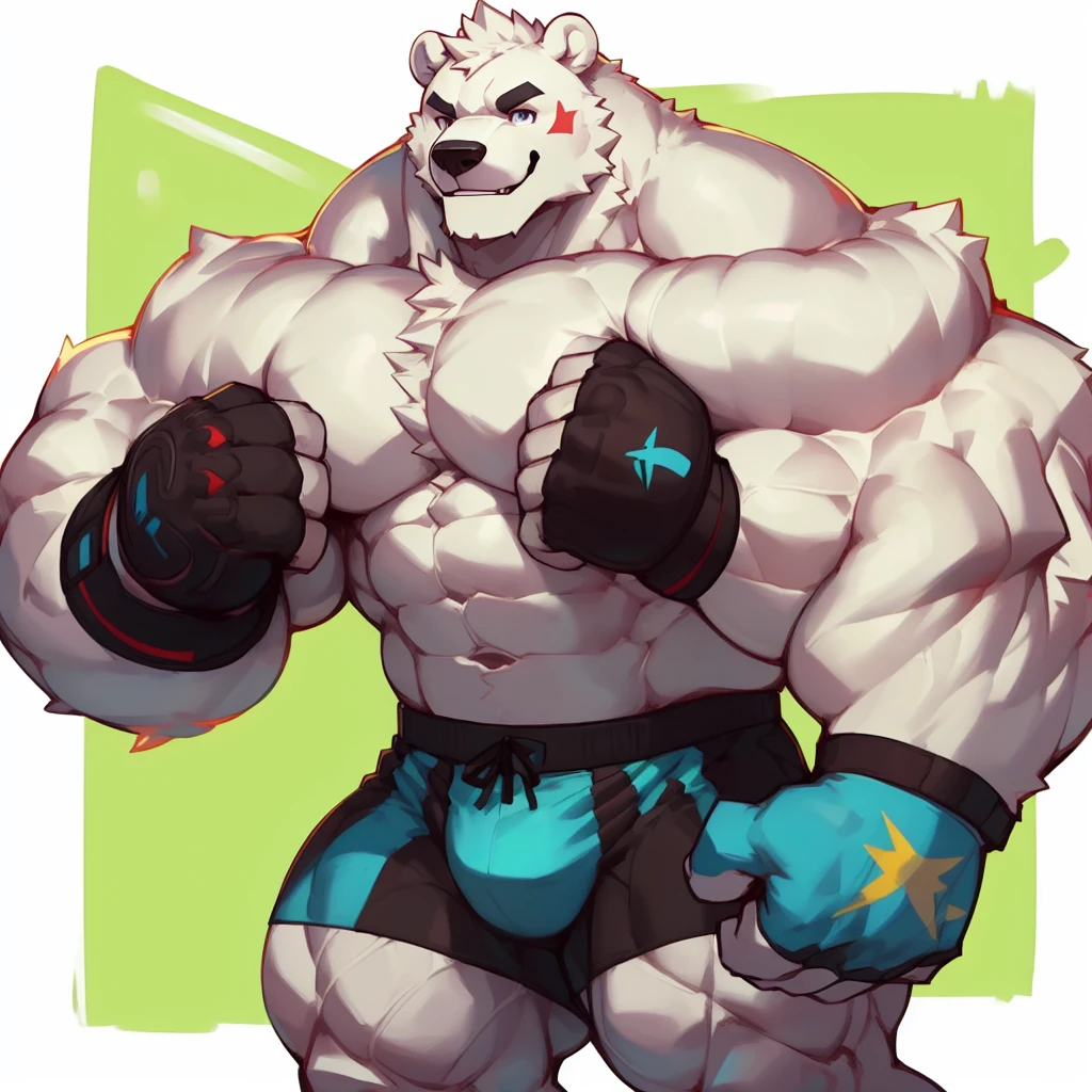 a polar bear with a huge thick muscle, furry ((white white polar bear)) wearing blue colored MMA boxer shorts and MMA fingerless gloves, Gym ring, ((huge muscular:1.2, wide pectoral, thick arms, sixpack)), smile, thicc, lowres, giant and muscular, danbooru and artstation, heavy detailed, insanely inflated hips, proportionally arms, commission for high res, detailed but rough