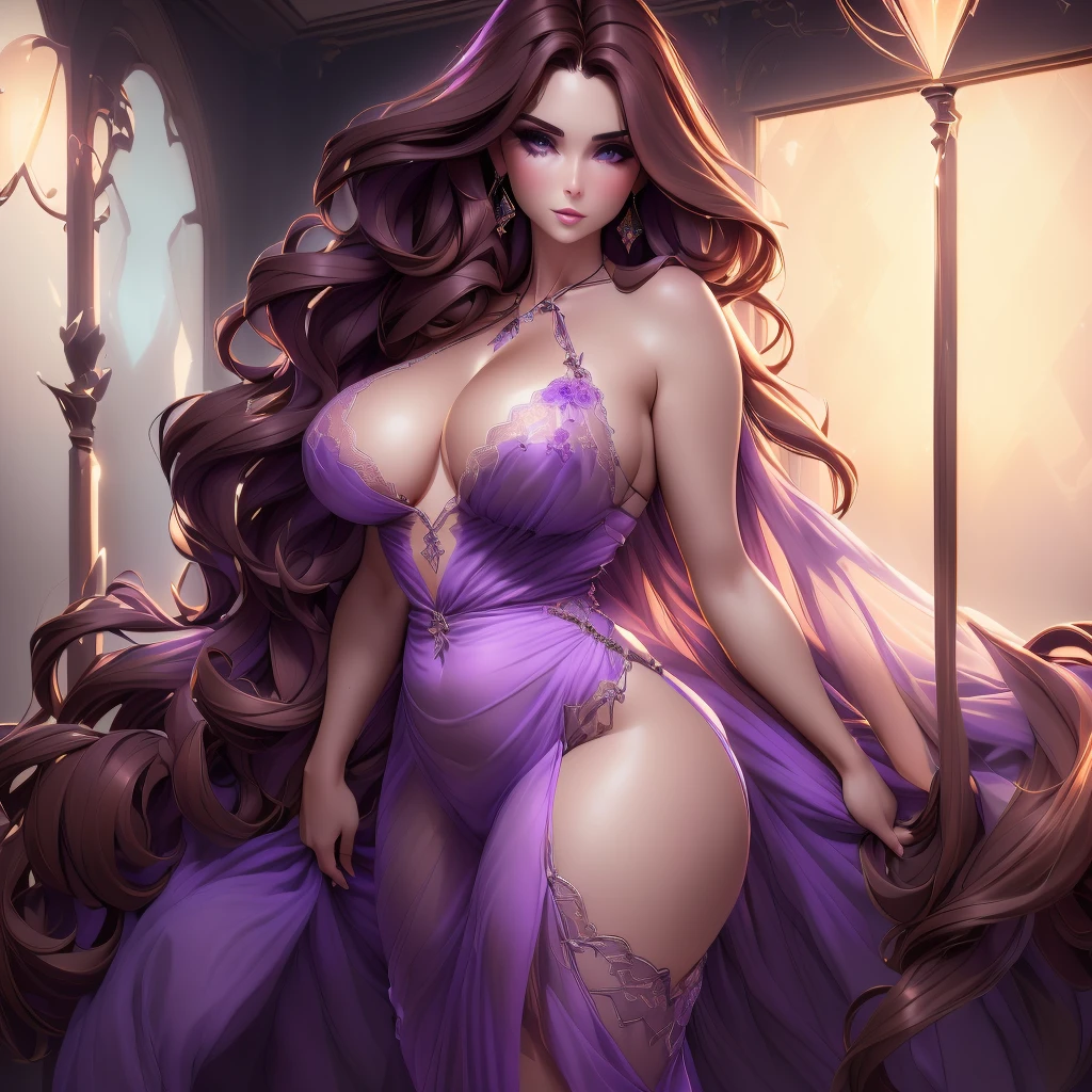 40-year-old mature mother with brown hair and big breasts dressed in a sexy, transparent purple nightgown where you can see her breasts and a black lace thong. She also wears golden triangular earrings.