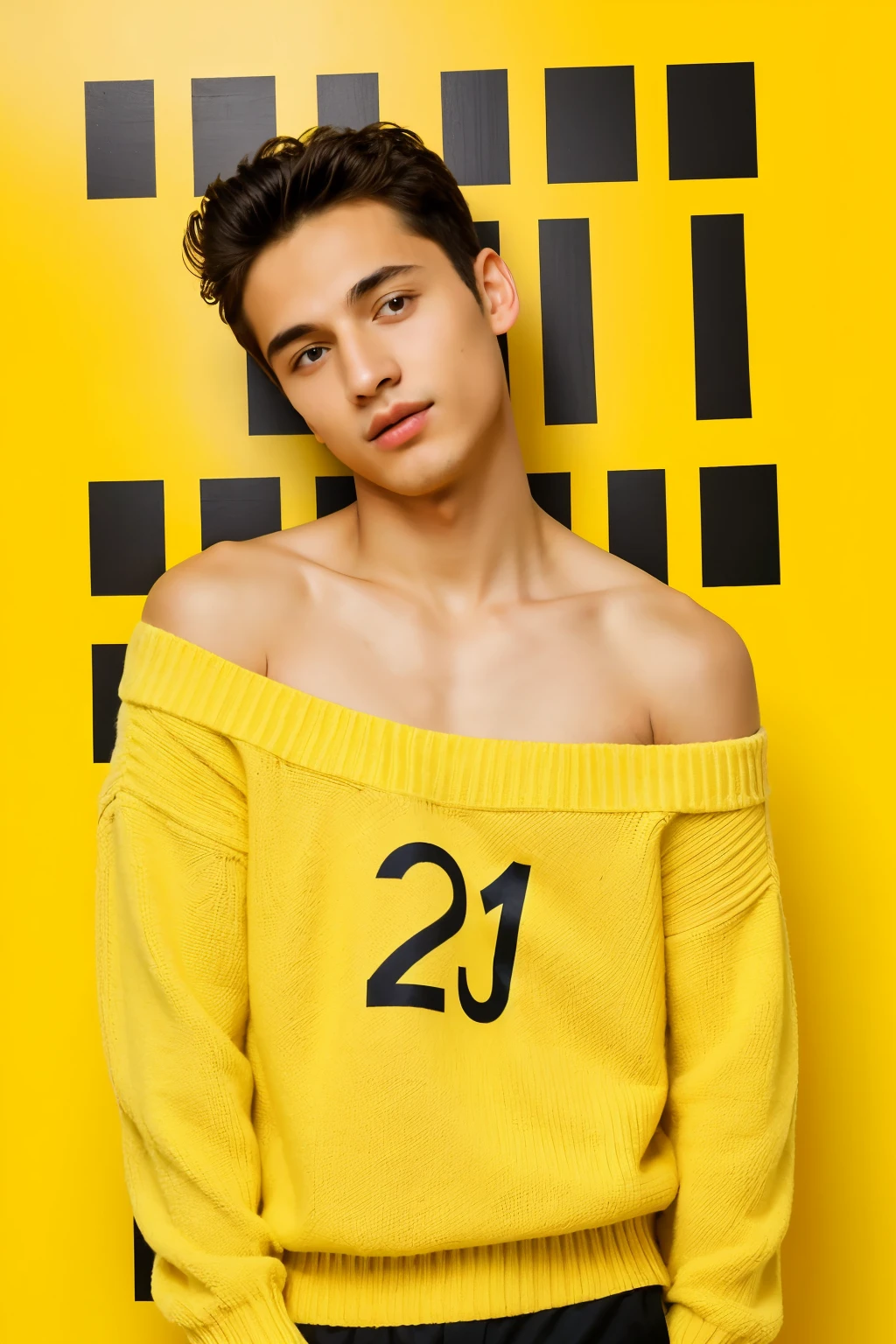 , ((Masterpiece)), (cheered up), 1 girl, off shoulder sweater, yellow background a boy man on top of a large sign that says bingo