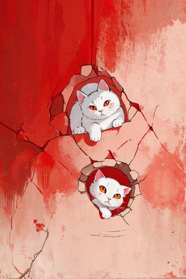 A hole in the red wall,Cute white cat looking towards the camera from a hole,