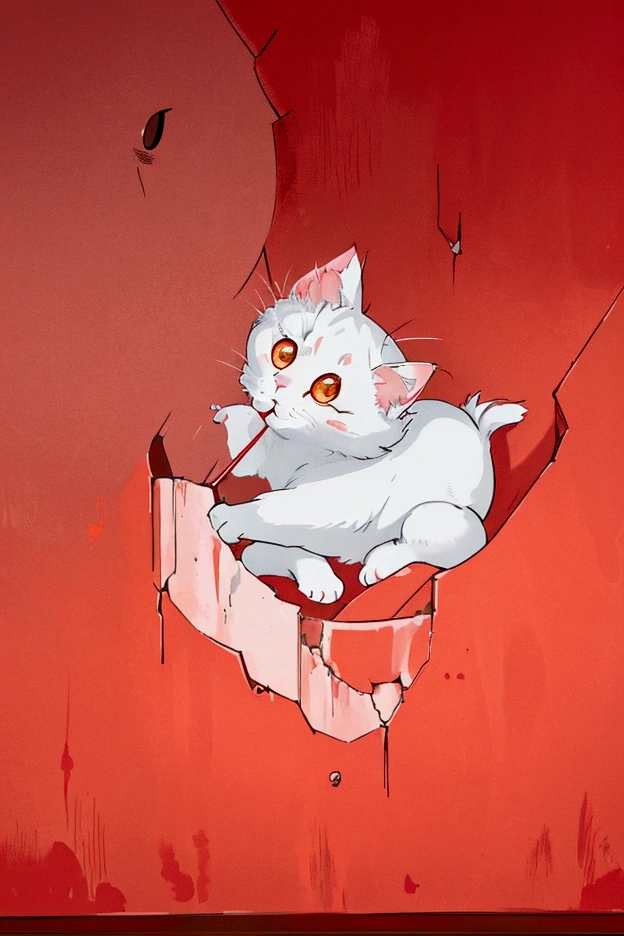 A hole in the red wall,Cute white cat looking towards the camera from a hole,