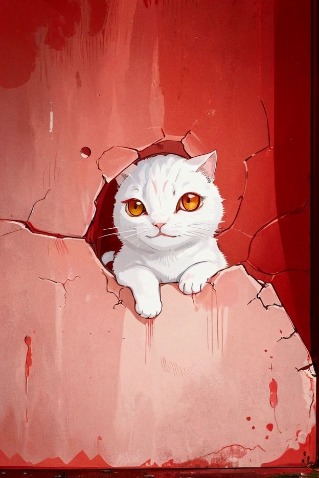 A hole in the red wall，Cute white cat looking towards the camera from a hole，
