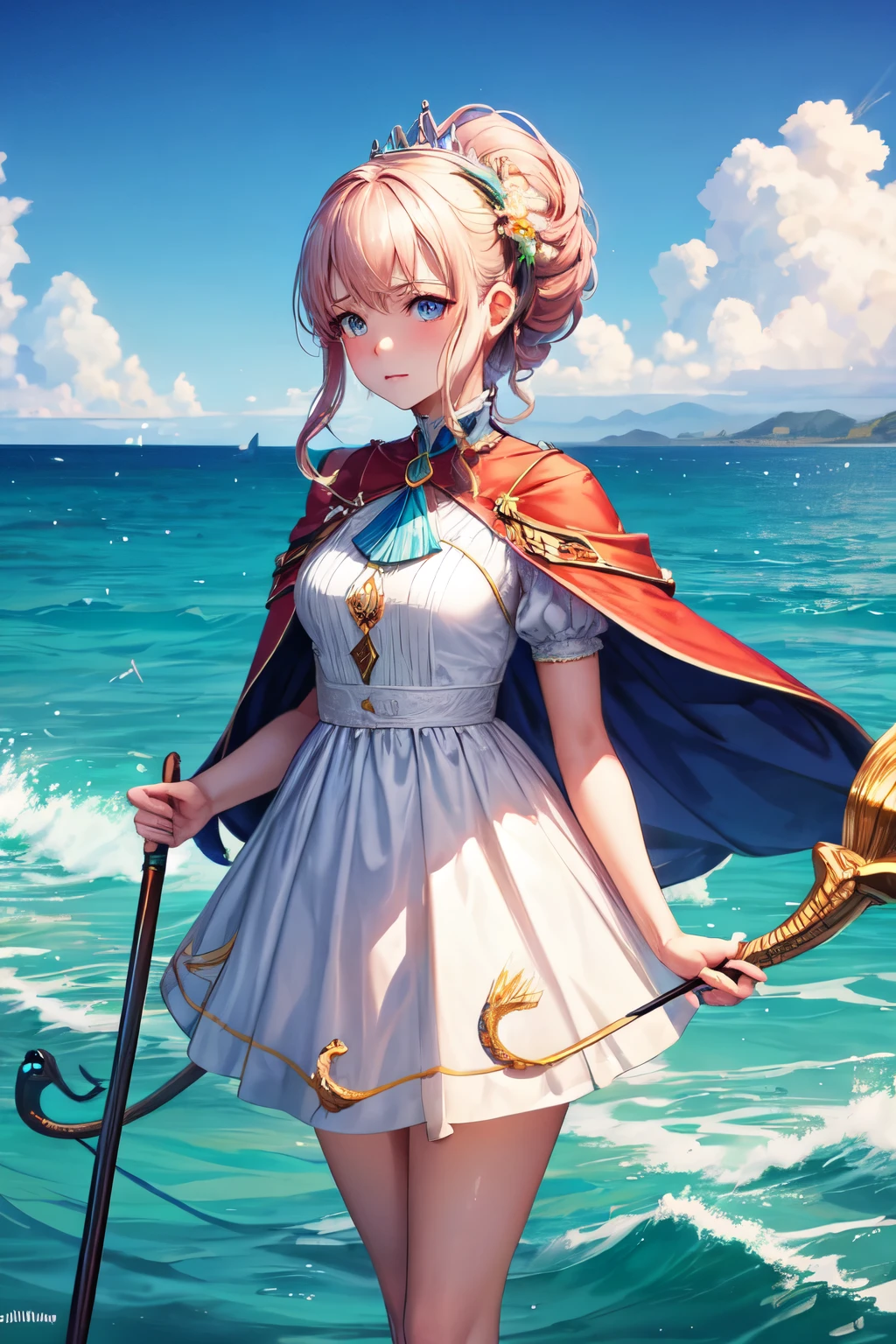 A former queen woman from the past seeing the sea of the future with a certain melancholy but joy , stop with the sea in the background and with a cane in the shape of a seahorse