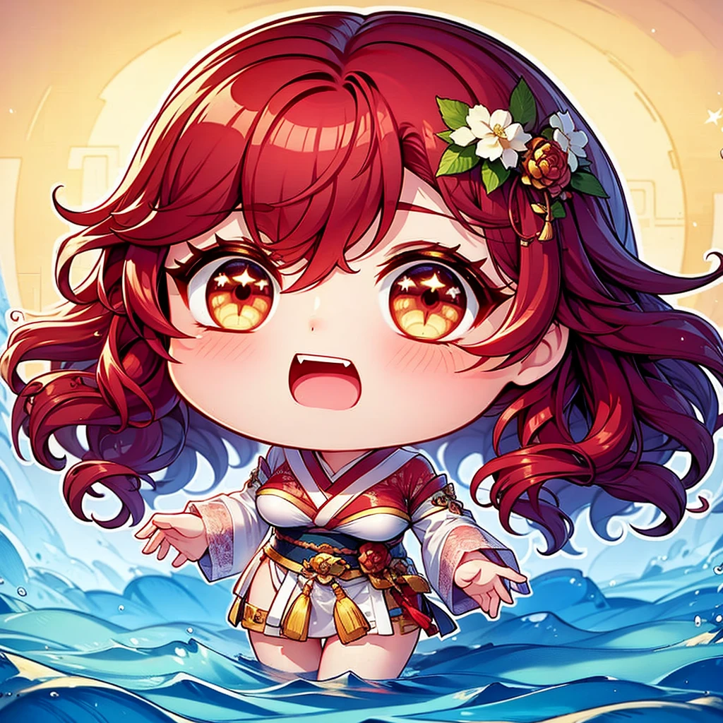 Chibi character pixel art, ((xian mei)), 1 girl, long red hair, standing, Chibi style, shapely breasts, high quality pixel art, Gege Akutami, photography, beautiful, colorful, realistic, masterpieces, top quality, best quality, official art, beautiful and aesthetic, hanfu, perfect anatomy, mini solo chibi