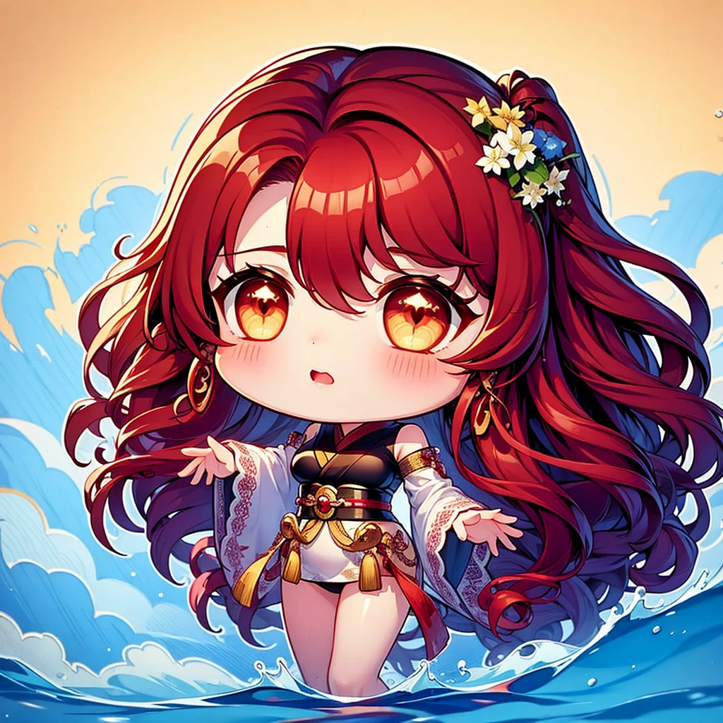 Chibi character pixel art, ((xian mei)), 1 girl, long red hair, standing, Chibi style, shapely breasts, high quality pixel art, Gege Akutami, photography, beautiful, colorful, realistic, masterpieces, top quality, best quality, official art, beautiful and aesthetic, hanfu, perfect anatomy, mini solo chibi