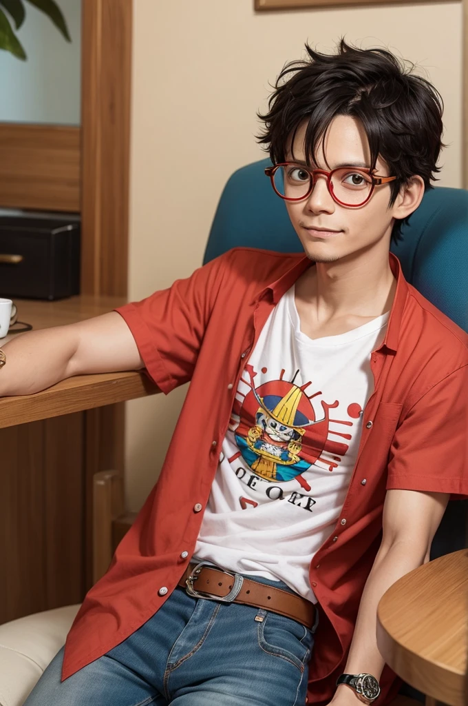 Luffy with colorful glasses, guild shirt and watch