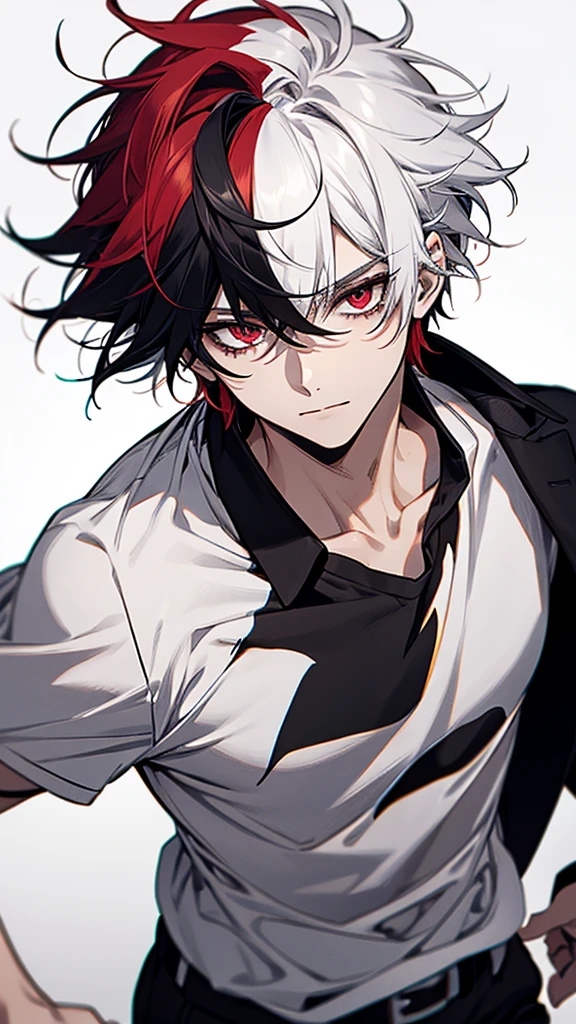 Solo, male, White shirt, red eyes , straight facial , messy hair , short Length hair , Multicolored hair, black and white hair , two tone hair