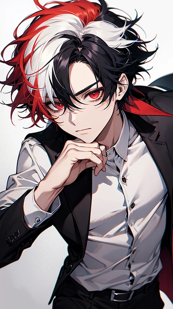 Solo, male, White shirt, red eyes , straight facial , messy hair , short Length hair , Multicolored hair, black and white hair , two tone hair