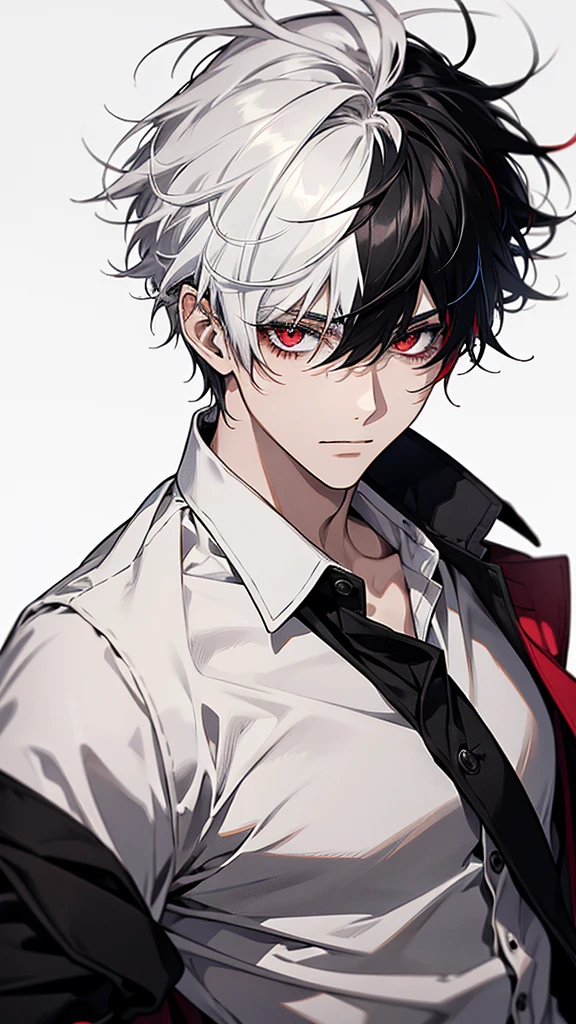 Solo, male, White shirt, red eyes , straight facial , messy hair , short Length hair , Multicolored hair, black and white hair , two tone hair