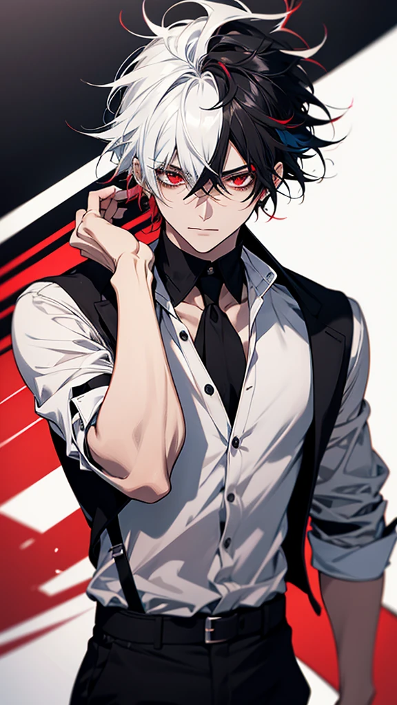 Solo, male, White shirt, red eyes , straight facial , messy hair , short Length hair , Multicolored hair, black and white hair , two tone hair