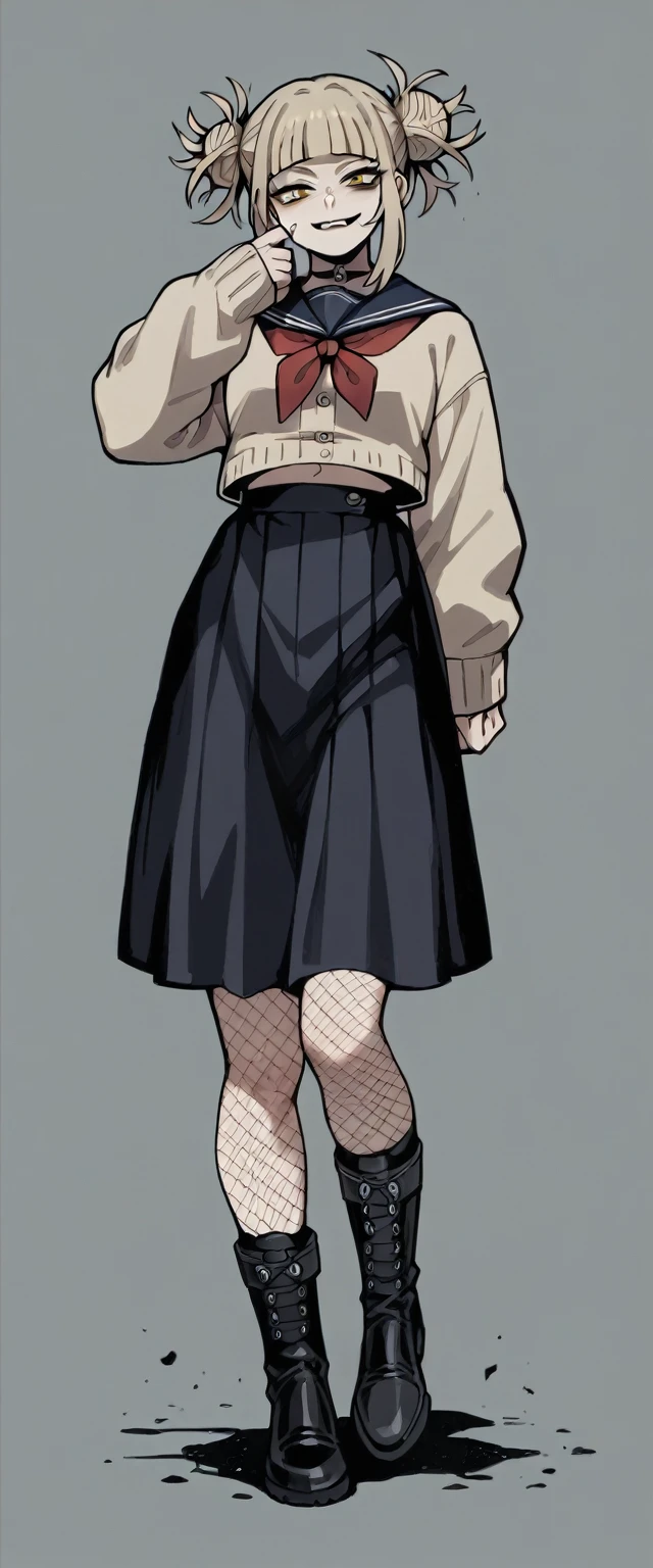 Himiko Toga, black fishnet stockings, black skirt and black boots (whole body) (ultra detallado) (ojos amarillos)