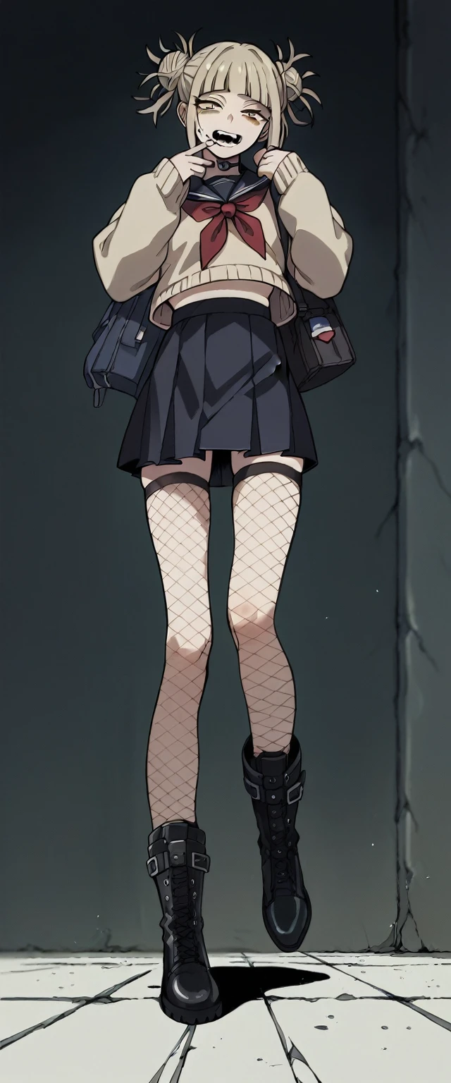 Himiko Toga, black fishnet stockings, black skirt and black boots (whole body) (ultra detallado) (ojos amarillos)