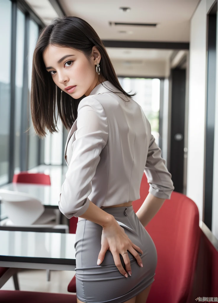 24year old beautiful girl、Beauty、Japanese、cute、beautiful girl、slim、Highest quality、Realistic、16K、panoramic、((Best Quality, 8k, Masterpiece: 1.3)), 1 girl, full body, slim face, beautiful woman, Woman walking down an office corridor, White wall, Grey table, plant, Sexy pose, Blur the background, concentrate,
(((masterpiece))), ((Highest quality)), ((Exquisitely crafted)), ((surreal)), An absurd solution, Mature Woman, Mature Woman, perspective, Very detailed, shape, One Girl, ((Larger breasts)), Perfect hands, Detailed fingers, Beautiful attention to detail, short hair, bionde, blue eyes, name tag, chief executive officer(chief executive officer(CEO)), (business suit:1.2), Open blazer, shirt, Tight Skirt,, Earrings, Detailed Background, Bedroom, Perfect Eyes, Back view、Focus on the big butt、振り向いて