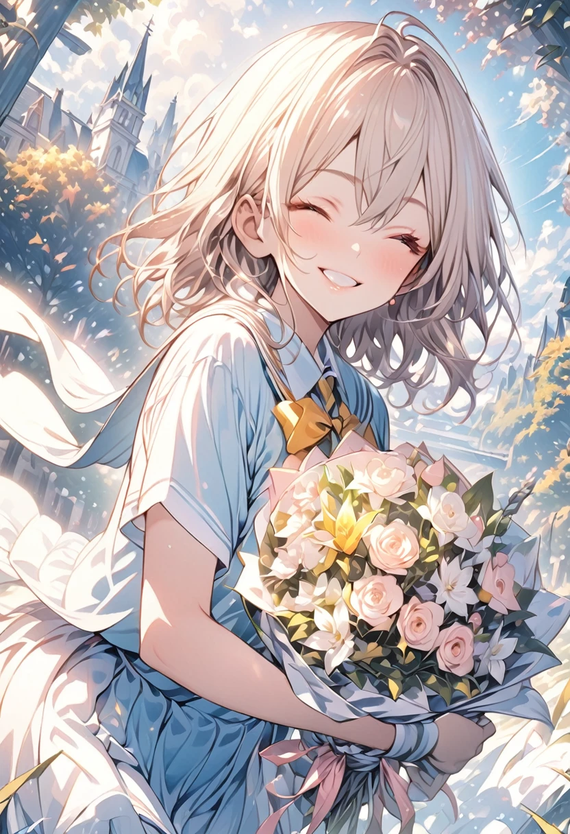 masterpiece, Highest quality, Highly detailed CG Unity 8K wallpapers, High School Girl Anime Illustration. Wearing a uniform、One hand is making a peace sign、Holding a bouquet in the other hand、she has her eyes closed and mouth open, smile. The background is a light pastel colored landscape